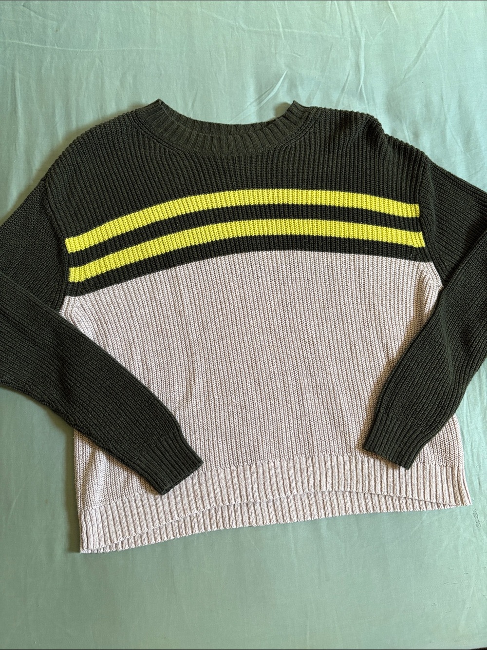 American Eagle Outfitters Olive, Yellow & Cream Colorblock Crewneck Sweater